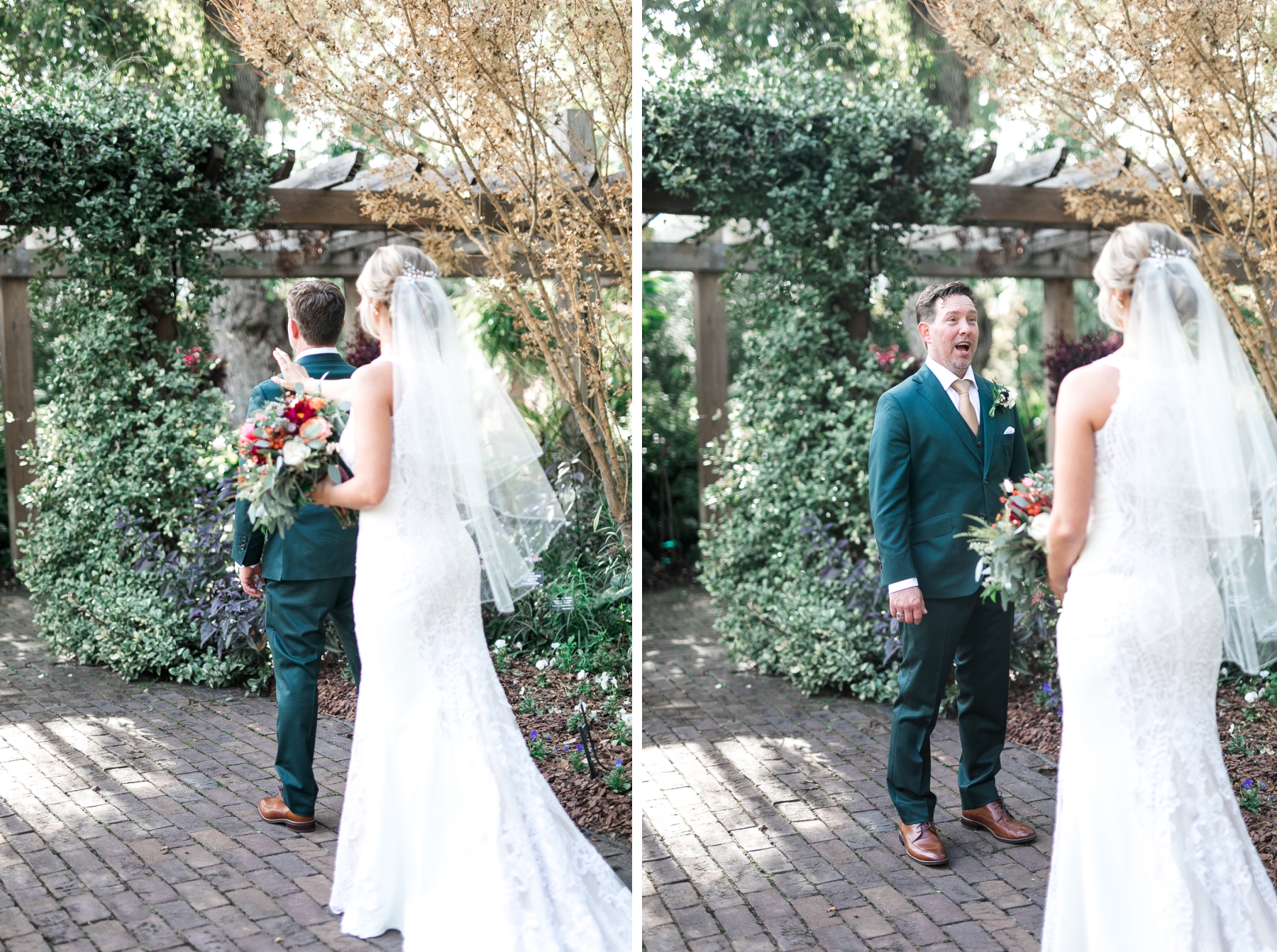 first look Fall wedding at Georgia Southern Botanic Gardens